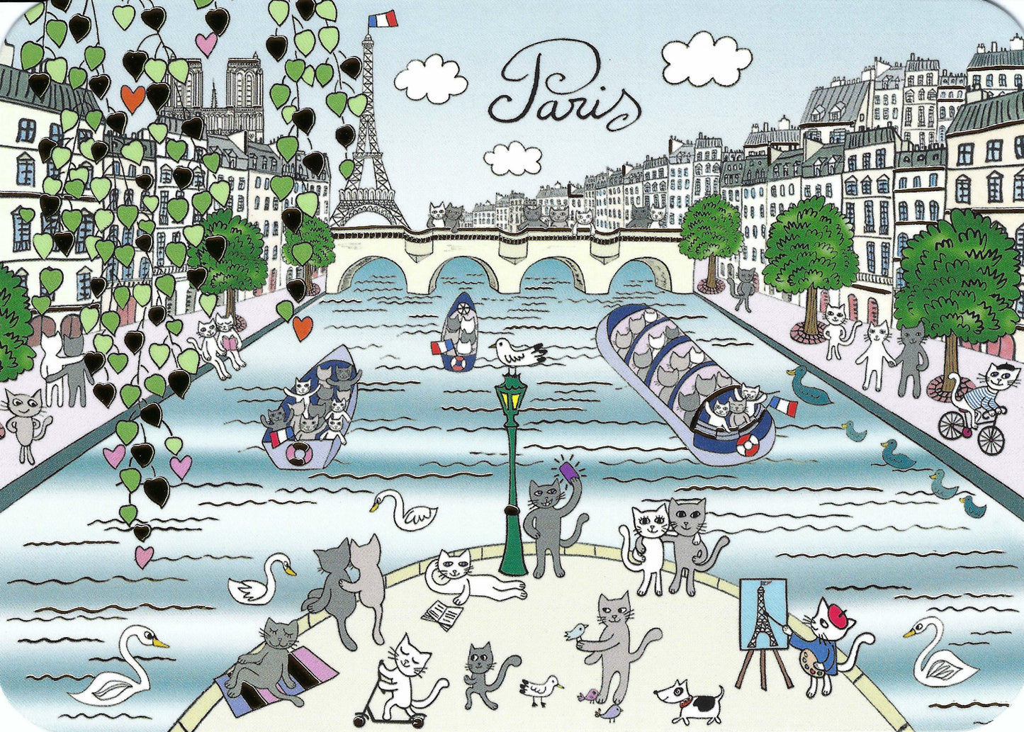 Cartes d'Art - Paris - France - River Seine - Cats - Swan - Vines - Boats - Postcard with foil details