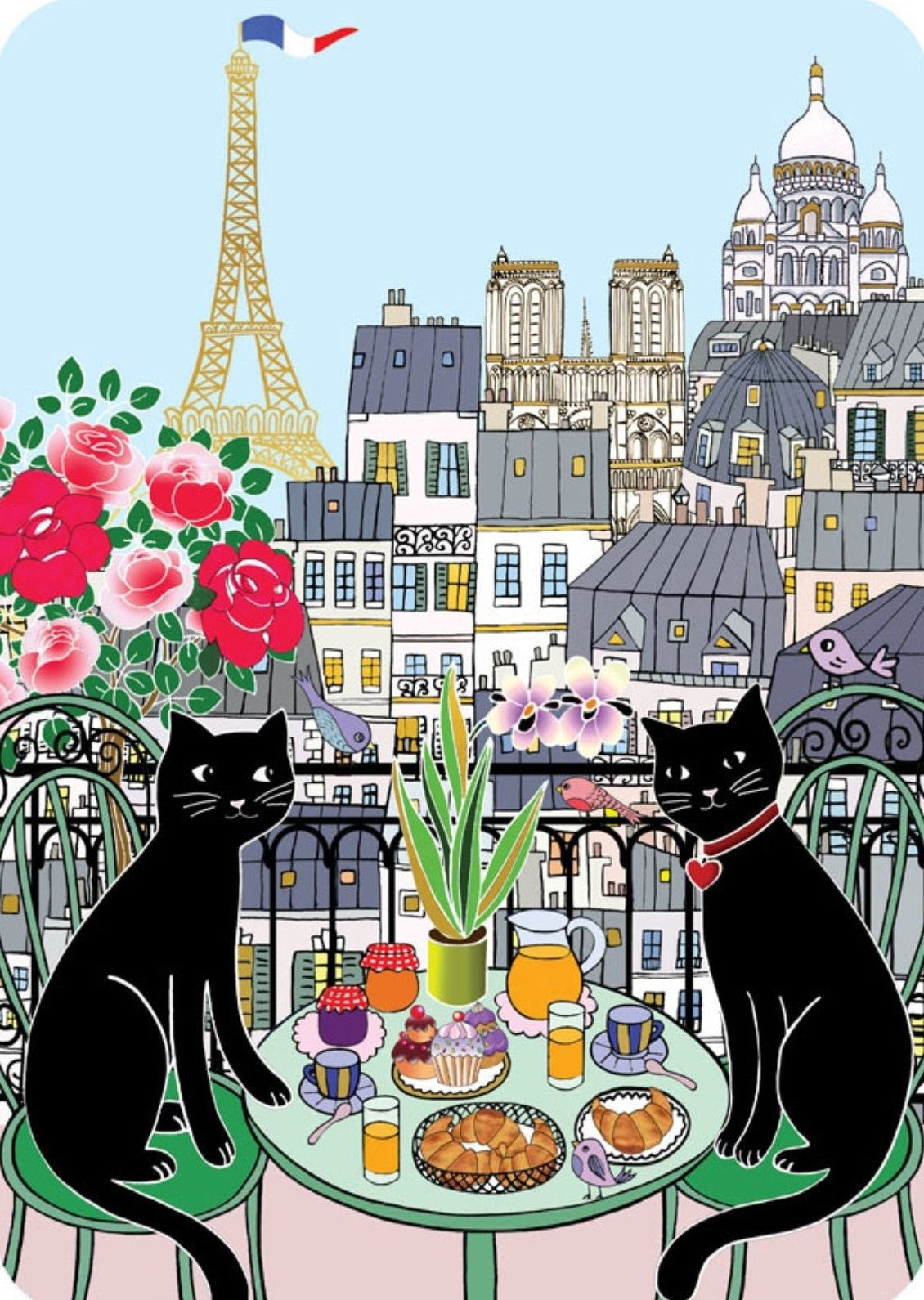 Black Cats Breakfast with a View Postcad by Cartes d'Art featuring a colorful illustration of two black cats sitting at a table with breakfast items, with the Eiffel Tower and Notre Dame in the background.