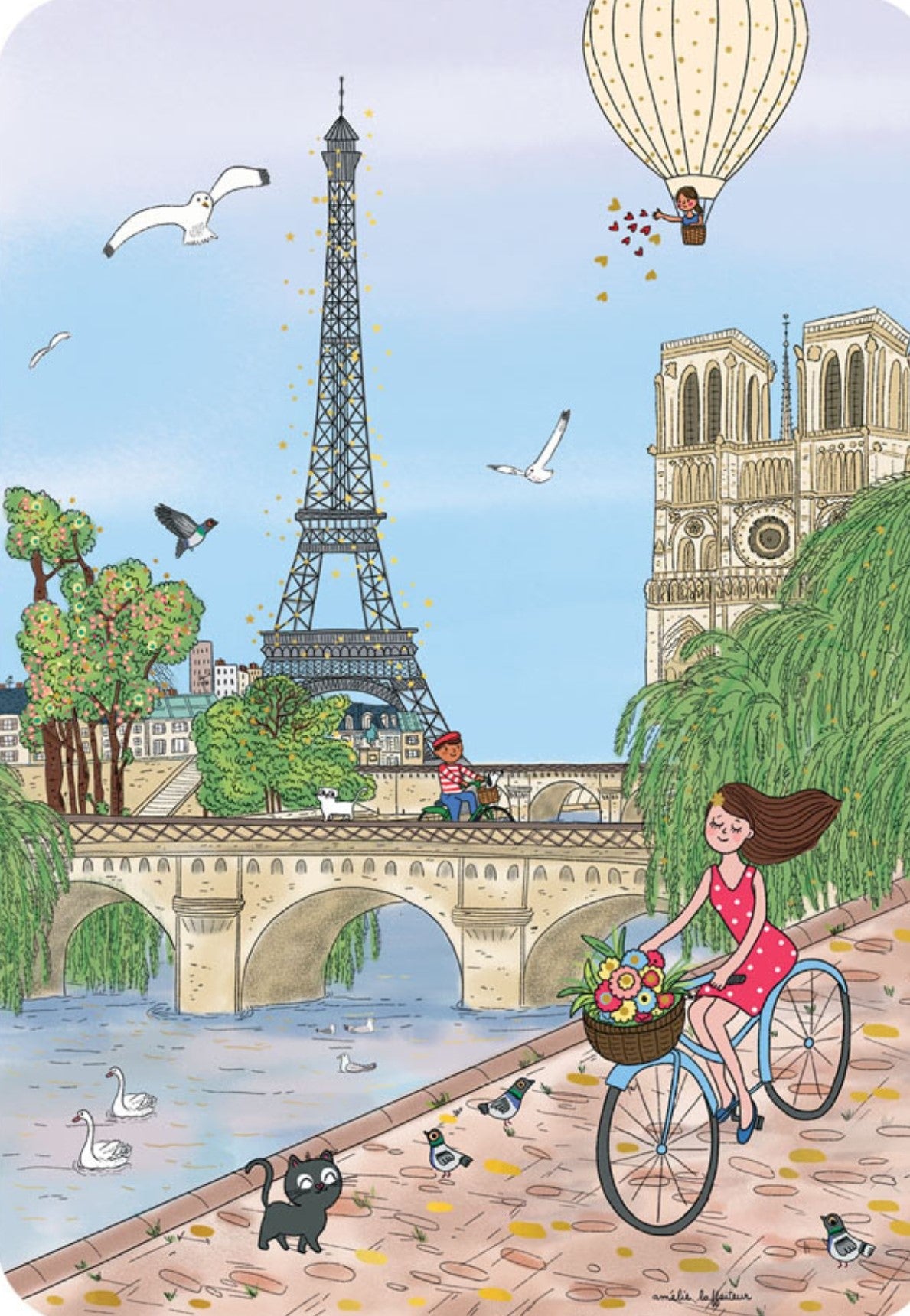 Bicycling by the Seine Postcard by Cartes d'Art featuring the Eiffel Tower, Notre Dame, and a girl cycling by the Seine River. It includes gold foil details and depicts various other elements like a black cat, birds, flowers, and a hot air balloon.