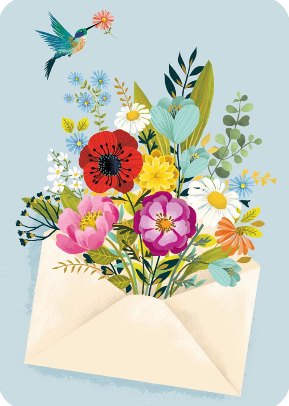 Cartes d'Art postcard featuring a variety of flowers in an envelope and a hummingbird carrying a flower with foil details.