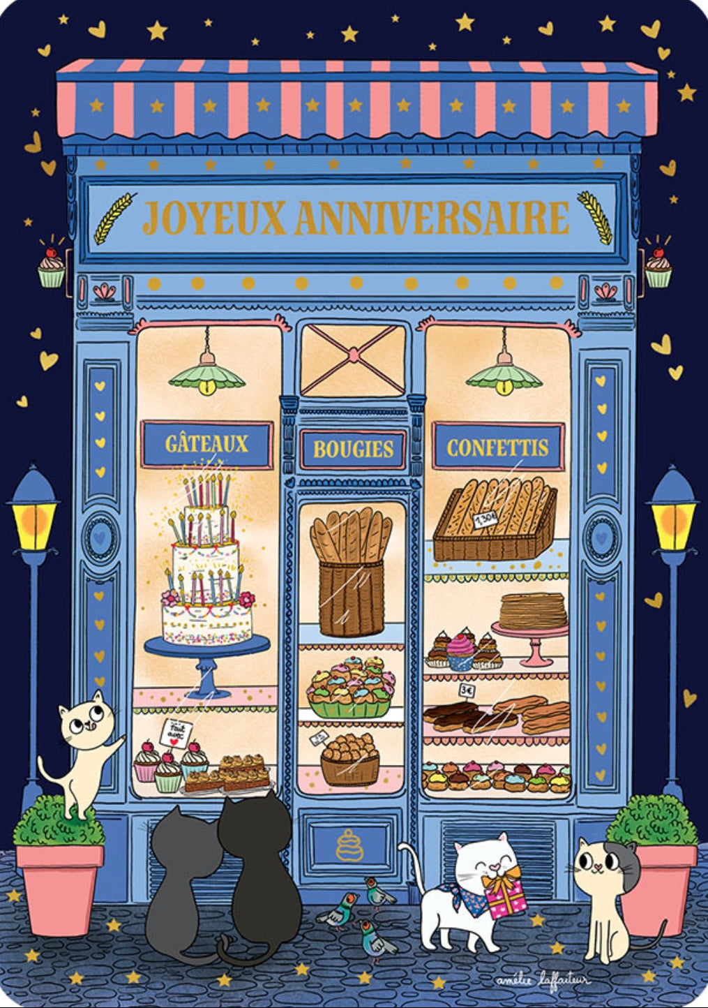 Cats - Pâtisserie Postcard by Amélie Laffaiteur - Cartes d'Art featuring an illustration of a bakery shop with cats, cakes and pastries