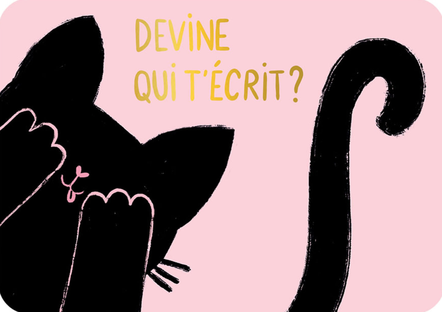 Black Cat - Guess Who is Writing to You Postcard by Anne-Isabelle Lucas - Cartes d'Art feturing a black cat on a pink background with text 'DEVINE QUI T'ECRIT?'