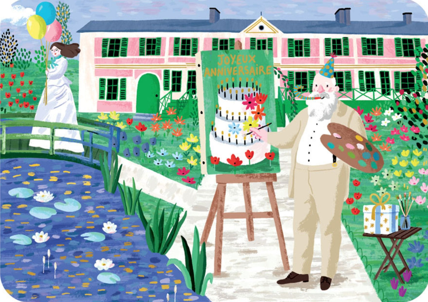Monet's Garden Birthday Postcard by Anne-Isabelle Lucas - Cartes d'Art featuring an illustration of a painter in a garden with a cake and 'Joyeux Anniversaire' sign, featuring Monet's style.