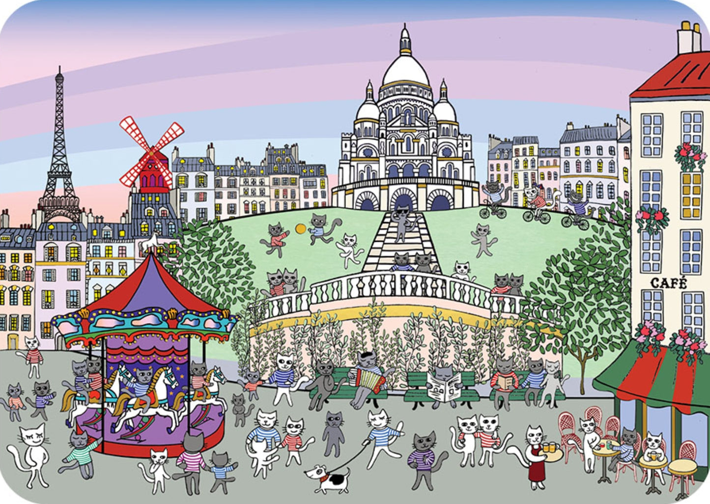 Cats in Paris Montmartre Postcard by Cartes d’Art featuring a Parisian street scene with cats, a carousel, the Eiffel Tower, and the Sacré‑Coeur church.