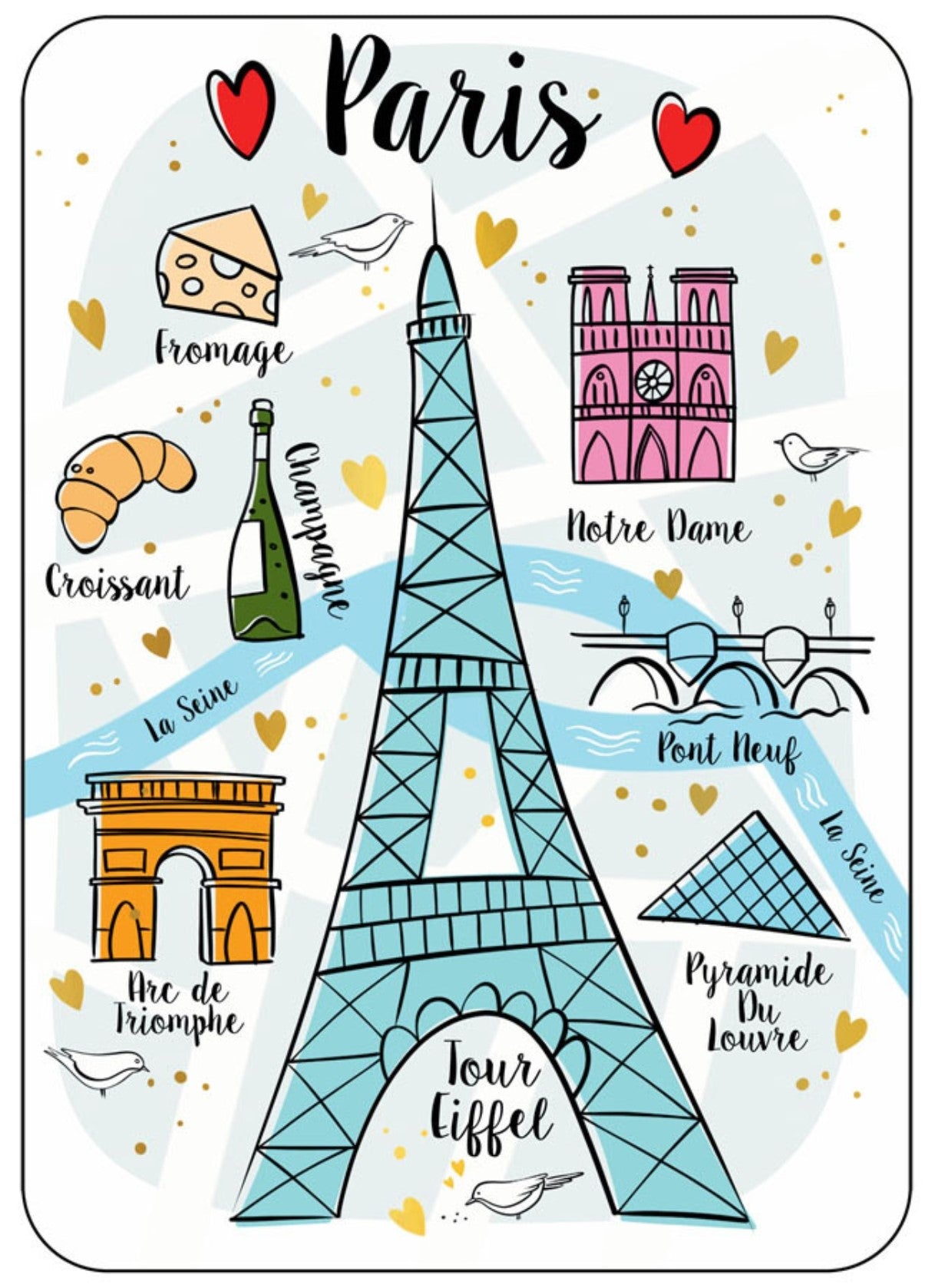 Cartes d'Art - Paris - France - Eiffel Tower - Notre Dame - Arc de Triomphe - Louvre -Postcard with foil details