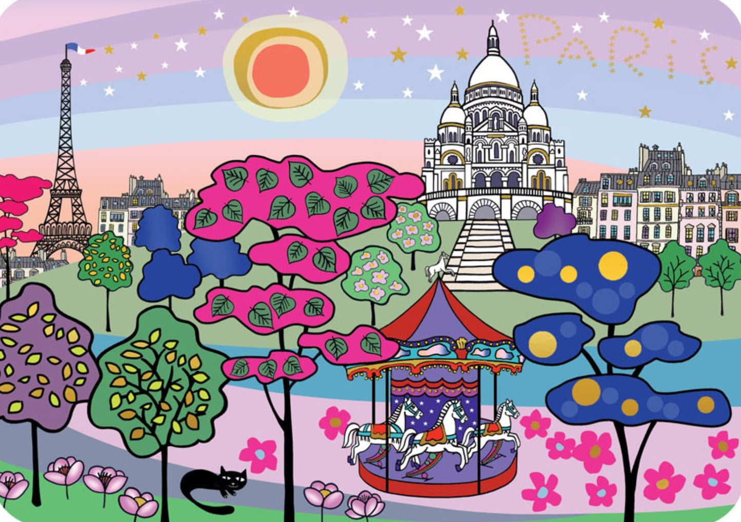 Cartes d'Art - Paris - France - Eiffel Tower - Sacre Coeur - Carousel - Postcard with foil details