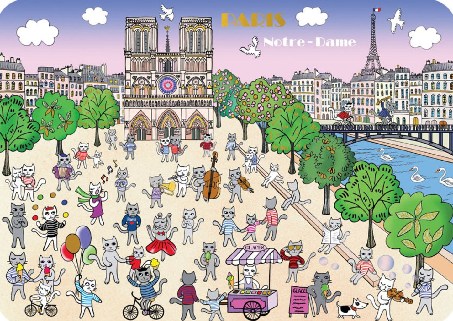 Cartes d'Art - Paris - France - Notre Dame - Eiffel Tower - Cat - Cats - Postcard with gold foil details