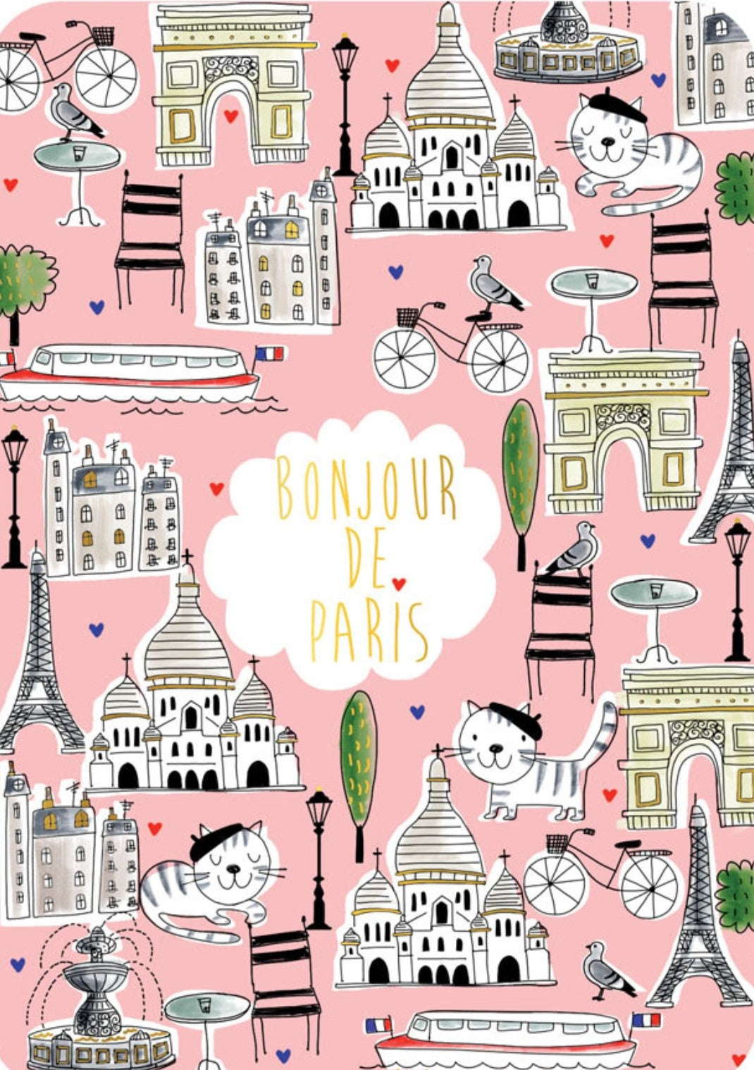 Cartes d'Art - Paris - Sacre Coeur - Eiffel Tower - Arc de Triomphe - Cats - Postcard with foil details