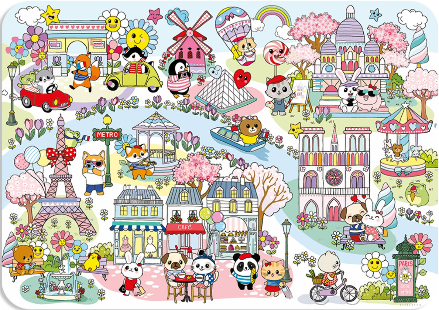 Kawaii Paris Postcard – Cute Animals & Foil Accents by Cartes d’Art featuring a cartoon town with various animals and Paris landmarks.
