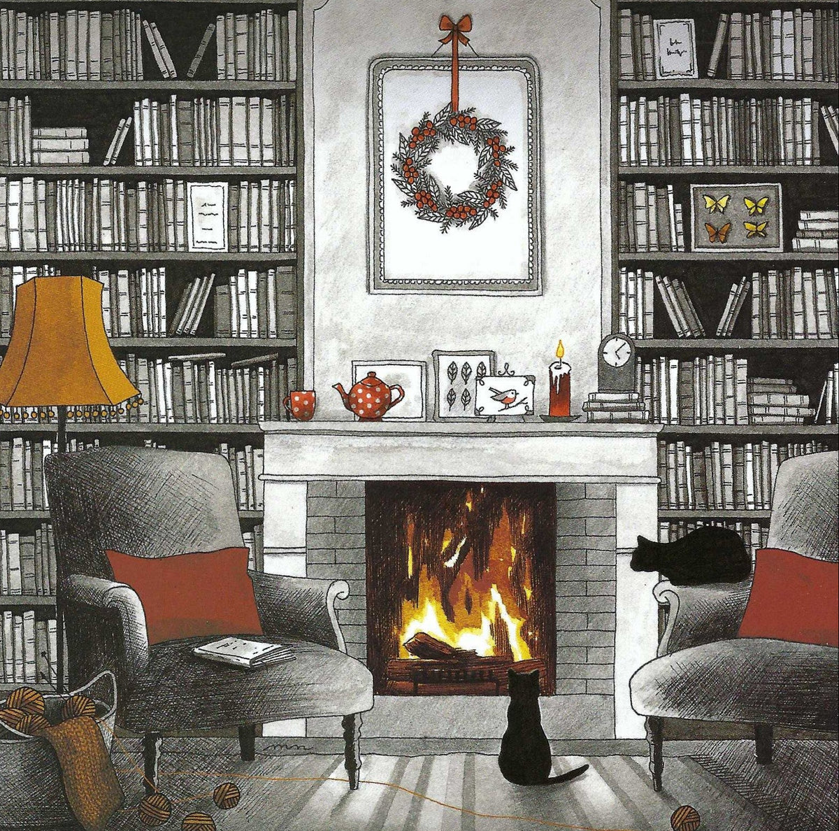 Cats by the Fire Postcard by Myriam Nion - Editions Titi Pinson featuring an illustration of a cozy living room with two black cats looking at the fire in the fireplace, the room has bookshelves, and armchairs, tea, teapot.