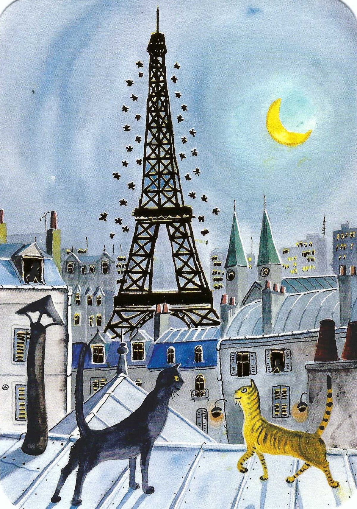 Cats on a Paris Rooftop at Night Postcard by Cartes d'Art featuring two cats in the foreground with the Eiffel Tower and moon in the background.