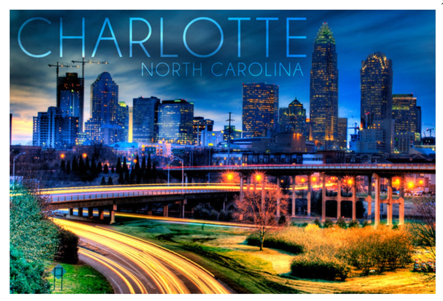 Charlotte, North Carolina - Skyline at Night - Lantern Press Postcard