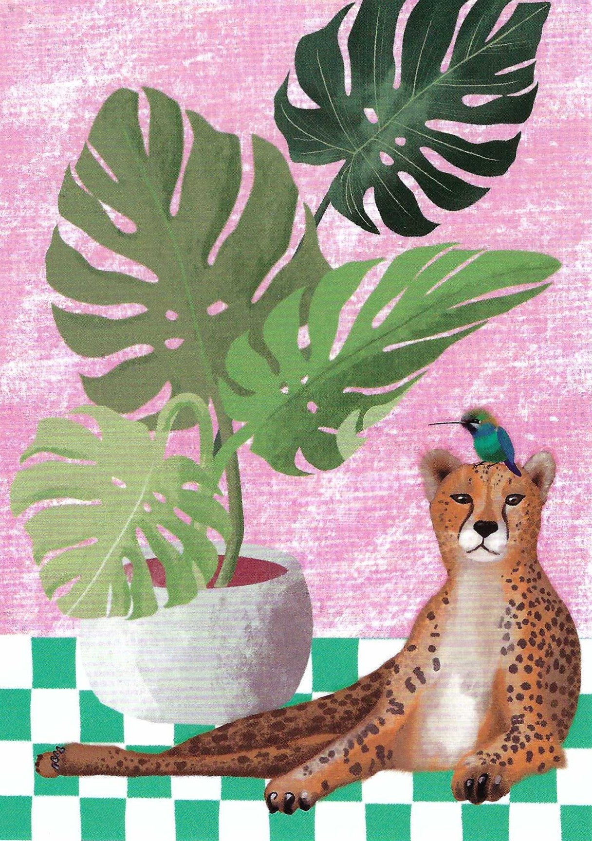 Cheetah and Hummingbird Postcard by Nobis Design featuring a potted plant and a spotted cheetah sitting on a green-and-white checkered floor against a pink textured background, with a small blue-green hummingbird on the cheetah's head.