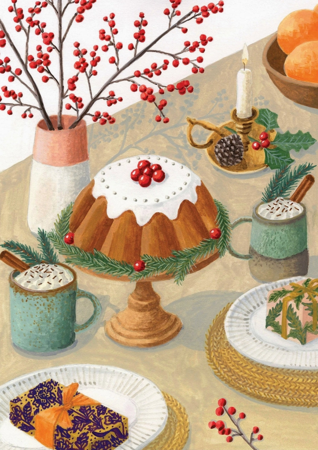 Christmas Afternoon Tea Postcard by Mélanie Voituriez featuring a festive illustrated tabletop scene with a glazed bundt cake on a pedestal, mugs of hot chocolate with whipped cream, plates, red berries, pine branches, a candle, and oranges on a table.