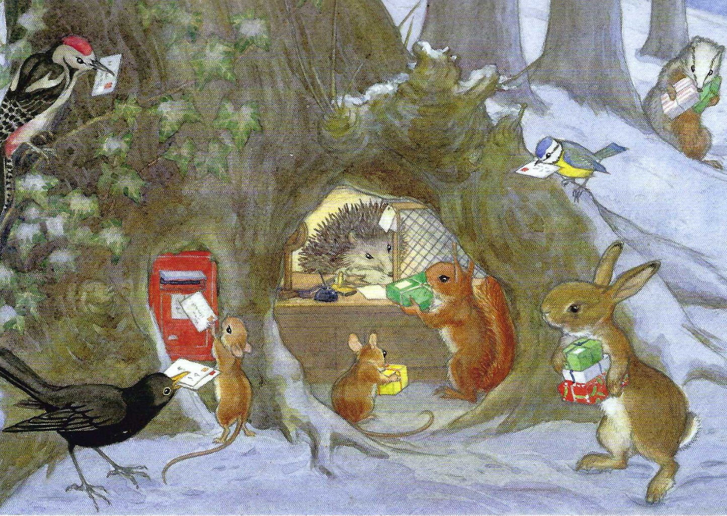 Christmas Post Office Postcard by Molly Brett featuring animals in a forest setting giving parcels to a hedgehog at a desk.