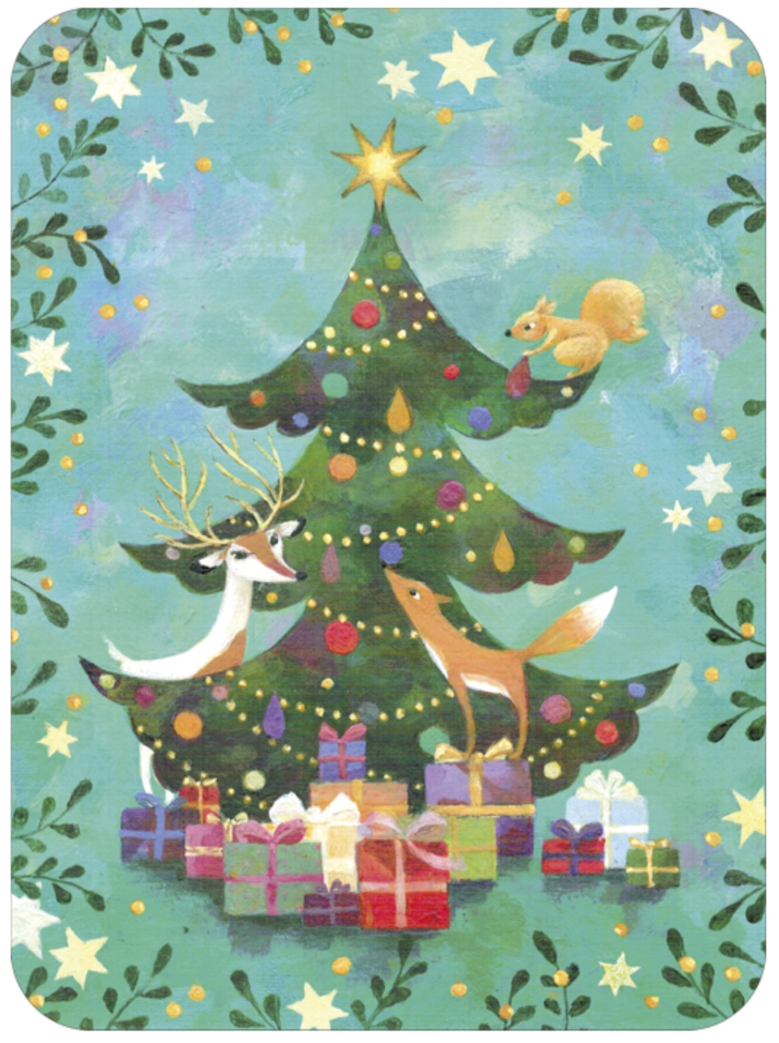 Christmas Postcard by Aurélie Blanz with gold foil details showing an Illustration of a Christmas tree with deer, fox, squirrel and presents