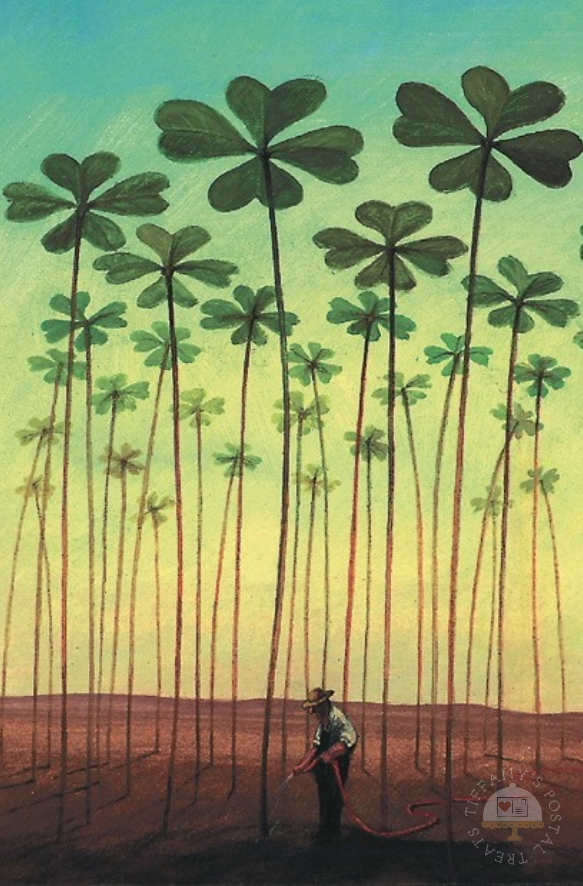 Clover Field Postcard by Inkognito showing many tall clover-like trees with green four-leaf canopies against a pale blue and yellow sky, with a person standing near the bottom center in a field watering them.