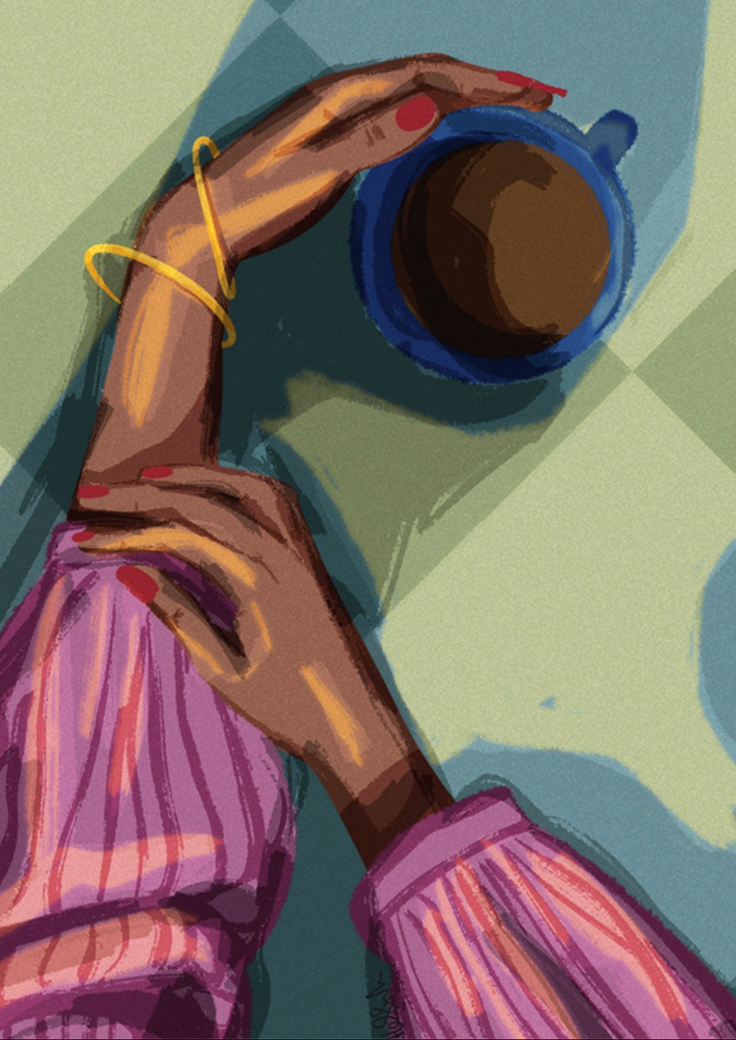 Coffee Postcard by Hello Hessah featuring an illustration of a hand holding a blue mug with coffee