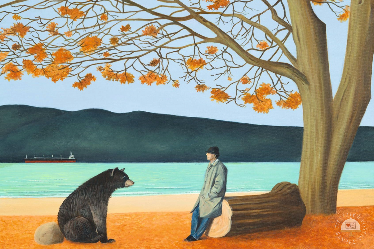 Conversation with the Bear Postcard by Inkognito showing a man in a coat beside a large tree on a beach, with a bear at his left and calm water with distant hills behind them. The scene has warm orange foliage and sand, blue sky, and dark green hills.