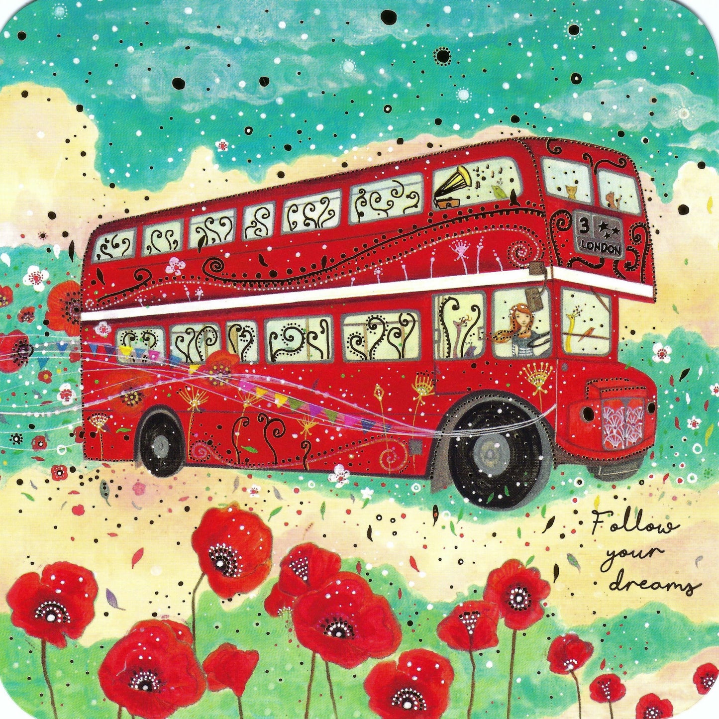 Double Decker Bus Postcard by Jehanne Weyman featuring a colorful illustration of a red double decker bus with floral patterns and a phrase 'Follow your dreams' written at the bottom, set against a backdrop of poppy flowers.