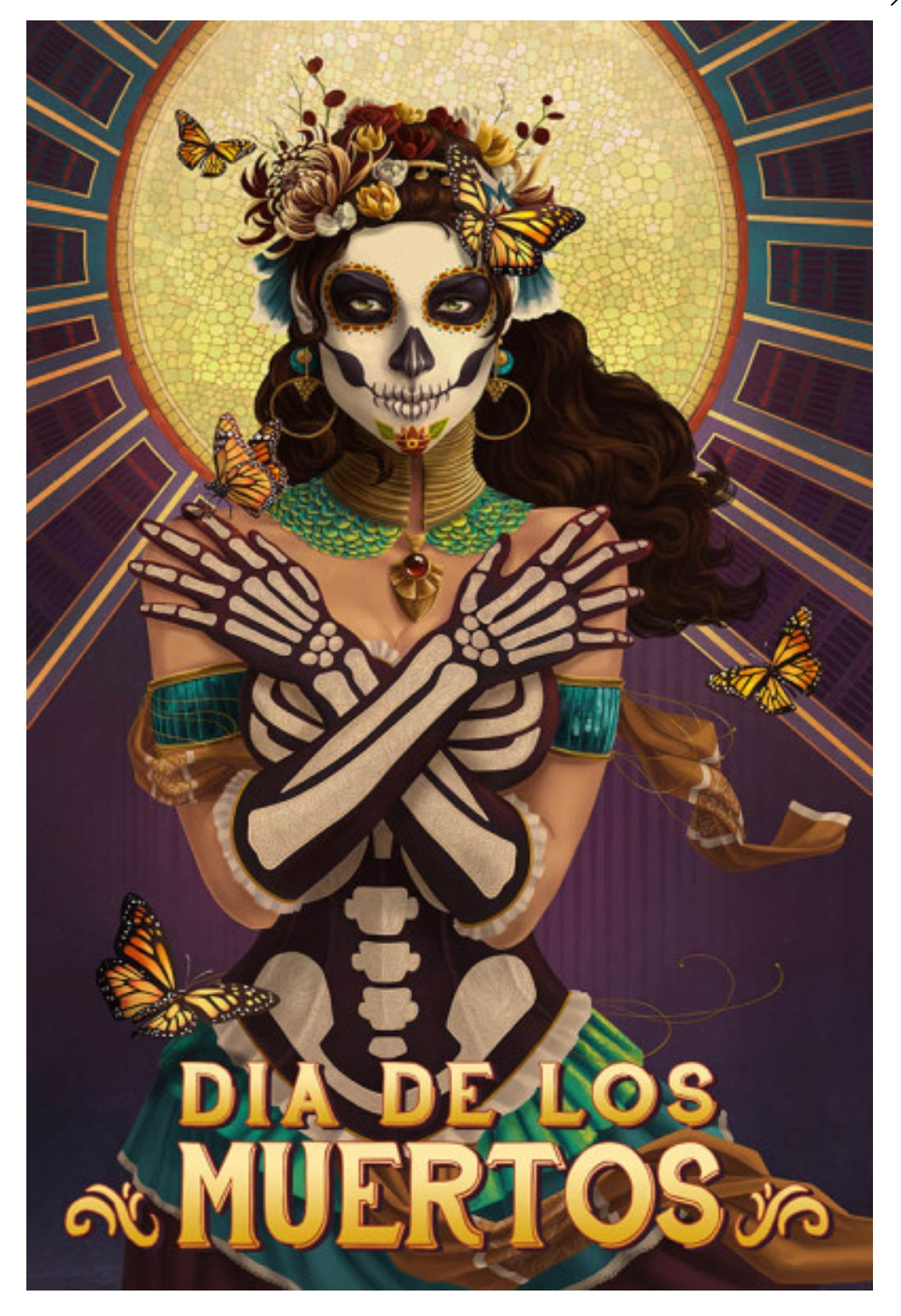 Day of the Dead postcard by Lantern Press featuring monarch butterflies and crossbones