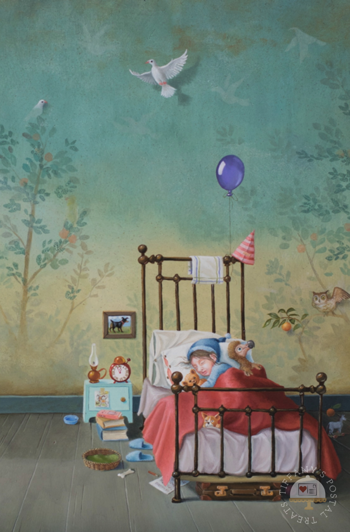 Dream Postcard by Inkognito featuring a children's bedroom scene with a bed, red blanket, nightstand, owl on the wall, flying birds, a purple balloon, and a sleeping child under a blue bonnet.