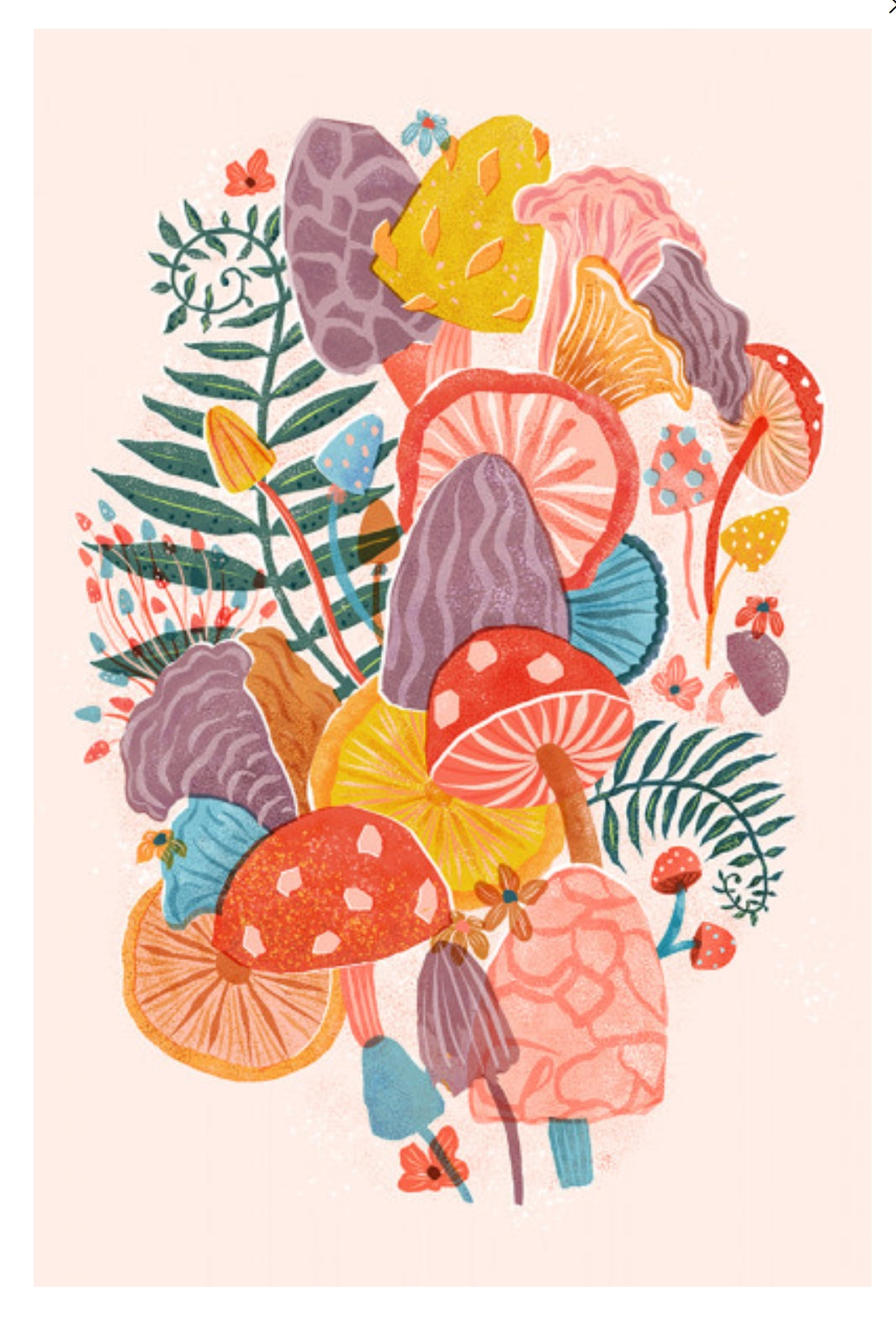 Lantern Press Postcard featuring a colorful illustration of mushrooms and plants on a light pink background