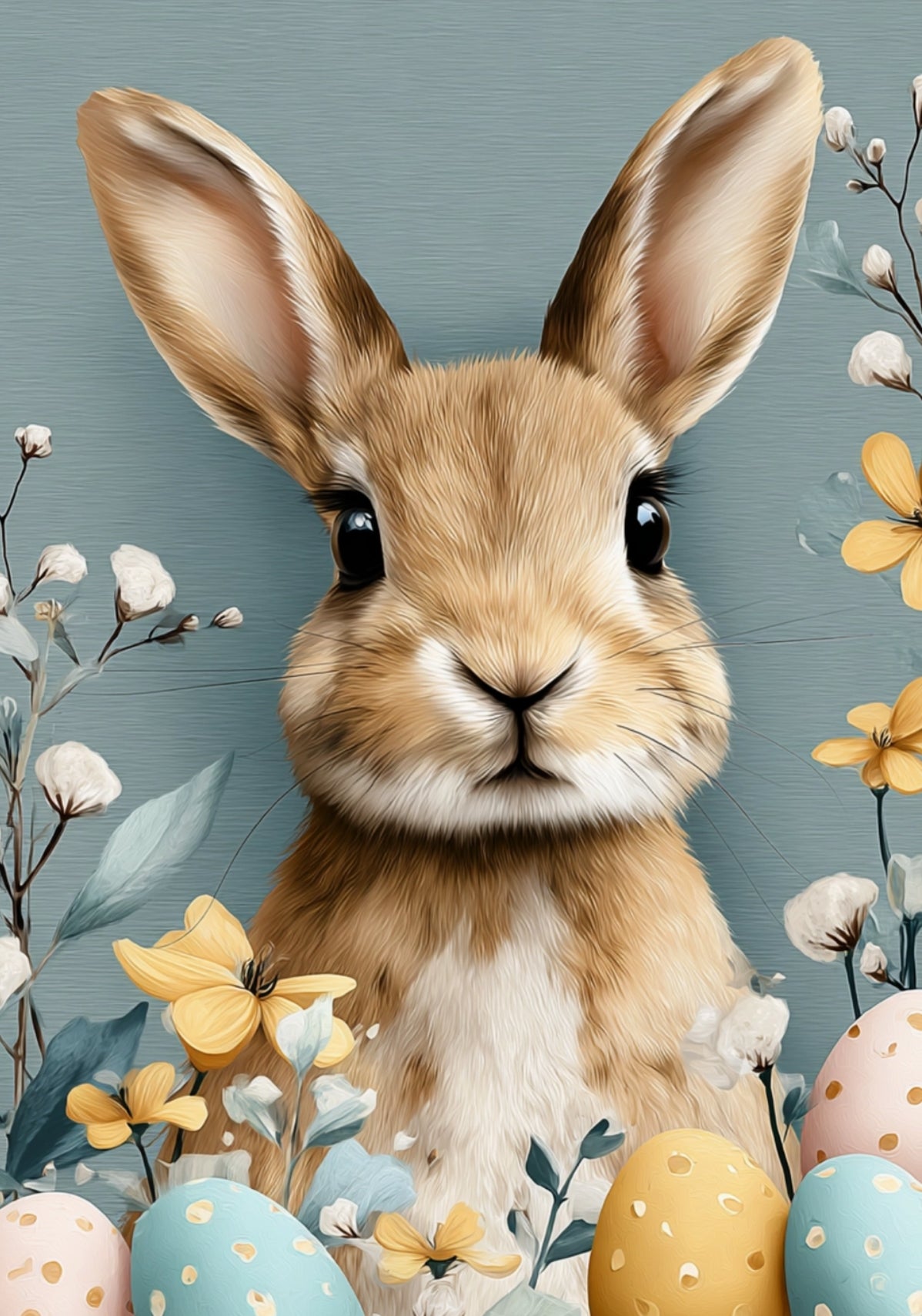 Easter Fun Bunny Postcard by Fripperies featuring an illustration of a rabbit with Easter eggs and flowers on a blue background