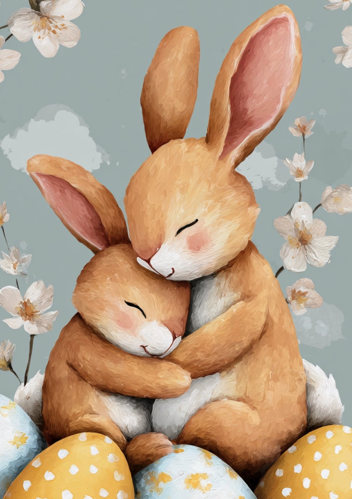 Bunny Hugs Easter Postcard by Fripperies featuring two hugging bunnies with Easter eggs and flowers
