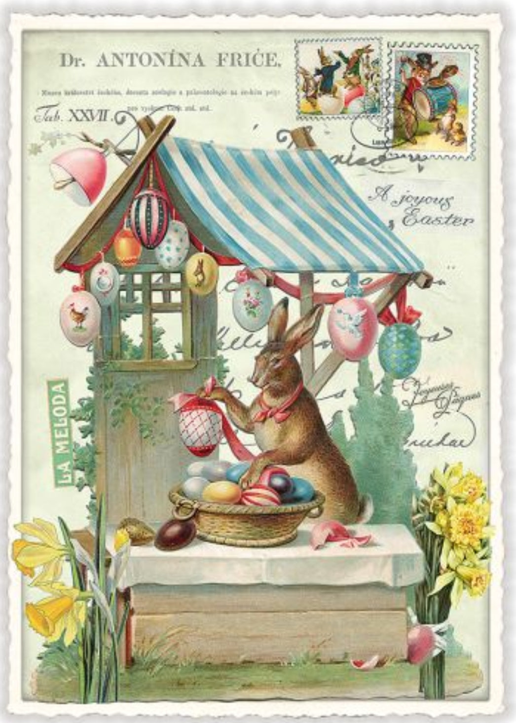 Easter Postcard by Edition Tausendschön featuring a rabbit with easter eggs