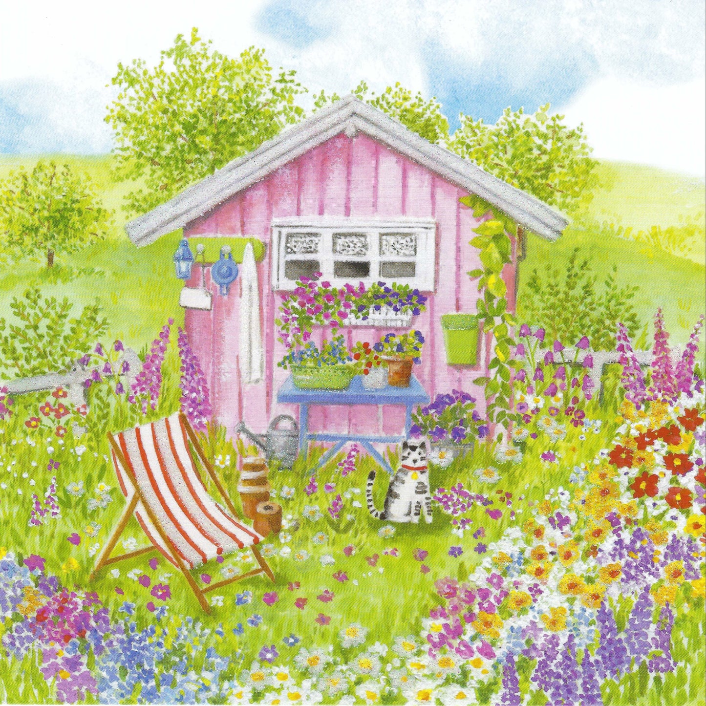 Cat in the Flower Garden Postcard by Edition Gollong featuring a pink garden shed, surrounded by colorful flowers and a cat sitting in front.