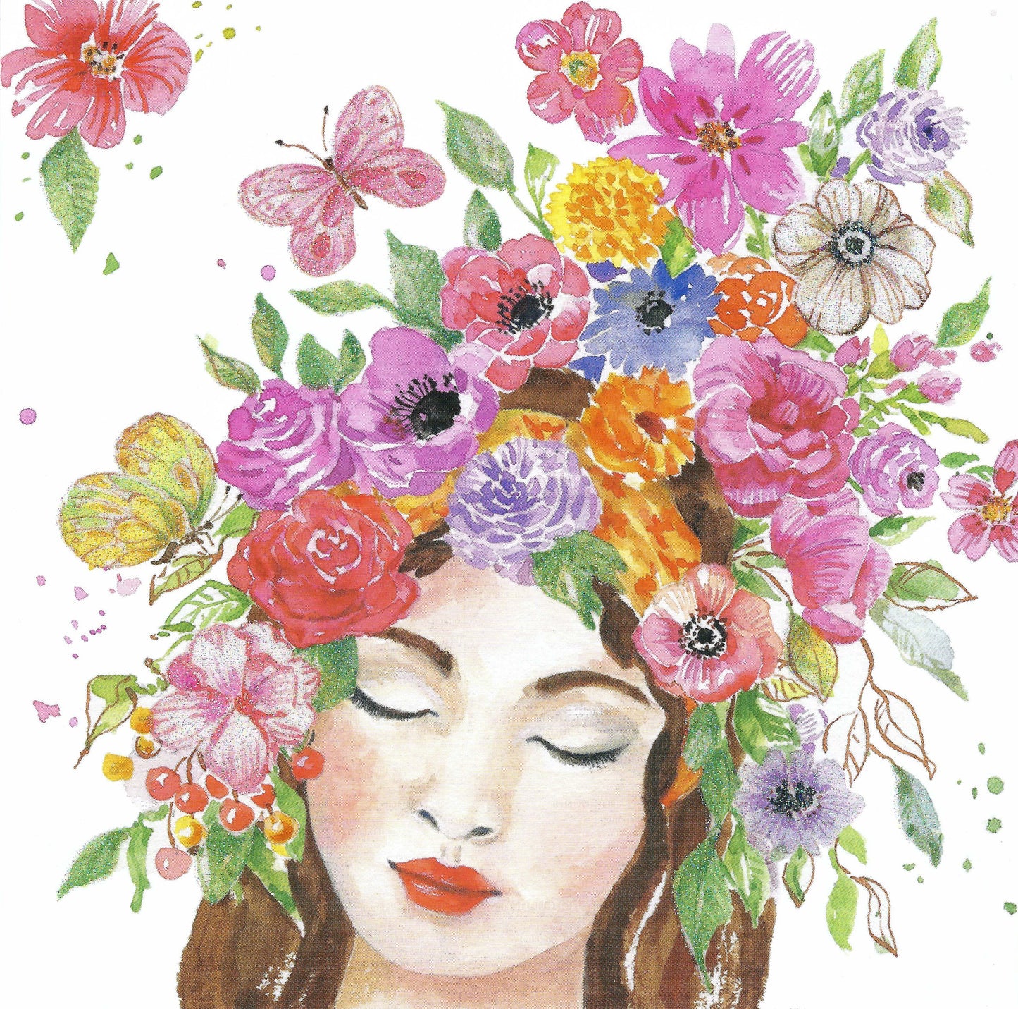 Edition Gollong - Woman - Flower Hat - Butterflies - Flowers - Postcard with glitter details