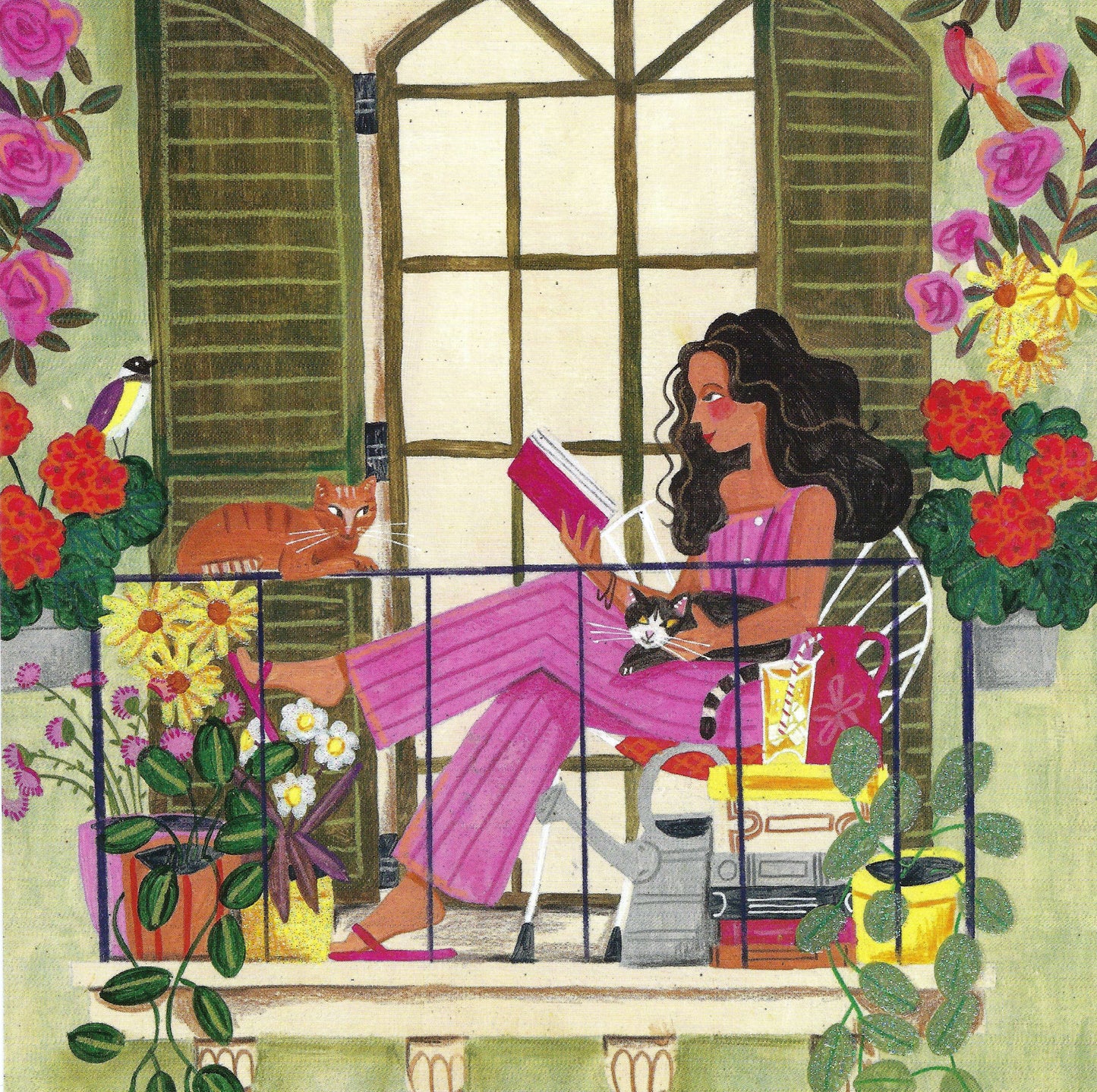 Edition Gollong - Woman Reading on Balcony with Cats and Plants - Book - Postcard