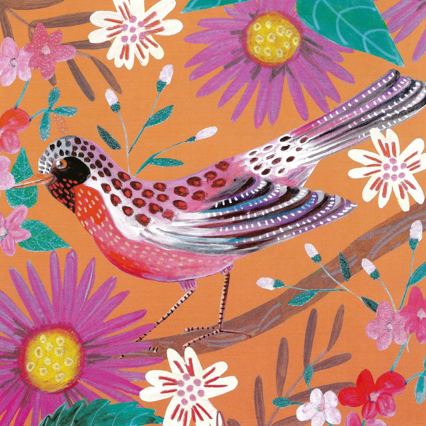 Whimsical Bird & Flowers Postcard by Edition Gollong featuring a colorful illustration of a bird on a branch with flowers on an orange background