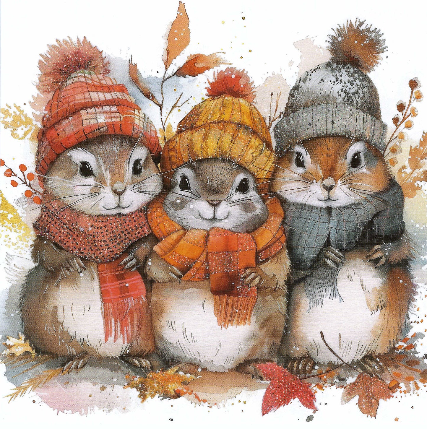 “Edition Gollong square autumn postcard featuring a glitter-accented chipmunk surrounded by fall leaves—whimsical seasonal design perfect for Postcrossing, journaling, and snail mail.