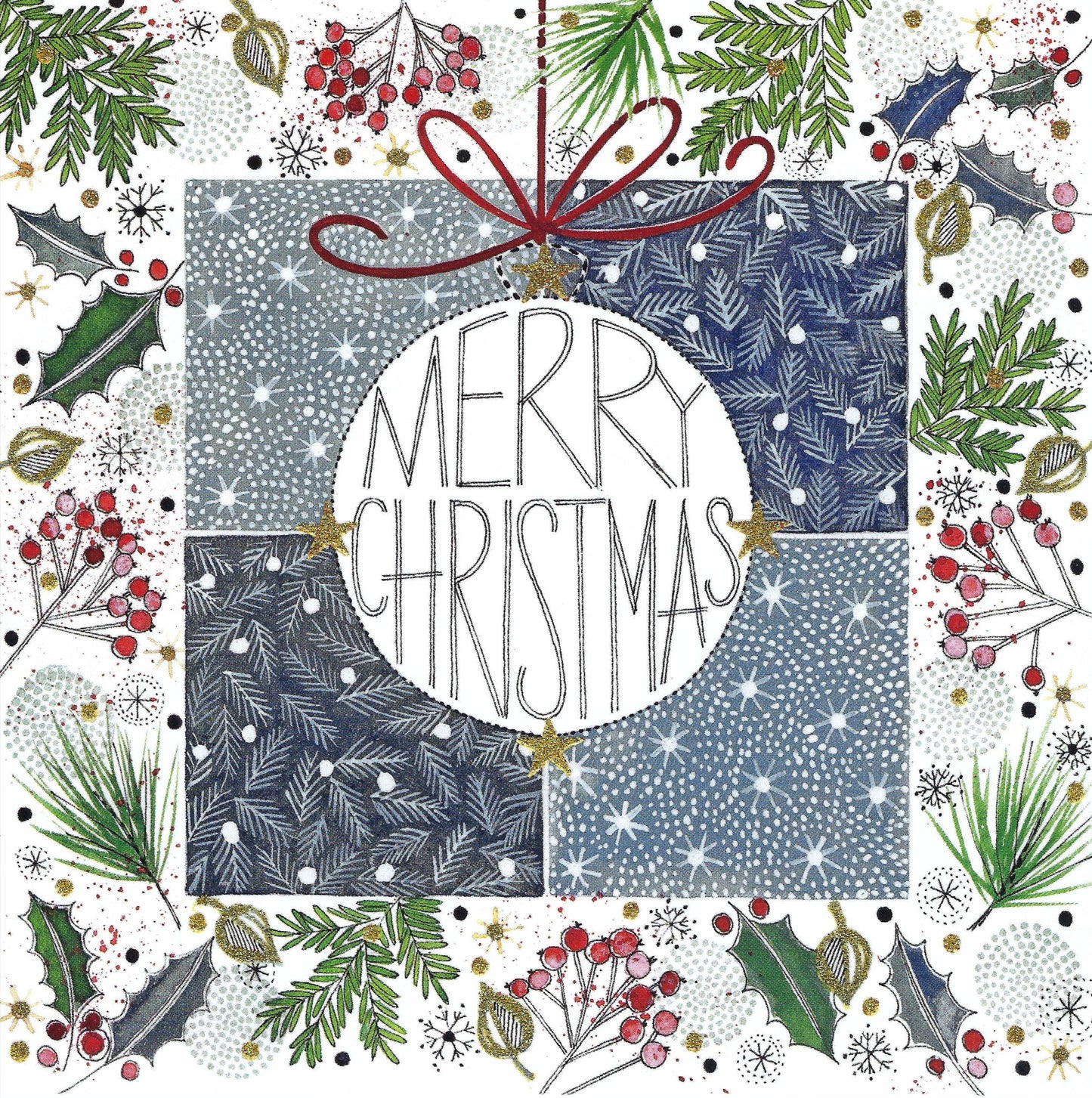 Merry Christmas postcard by Edition Gollong featuring festive winter artwork with glitter accents on square card