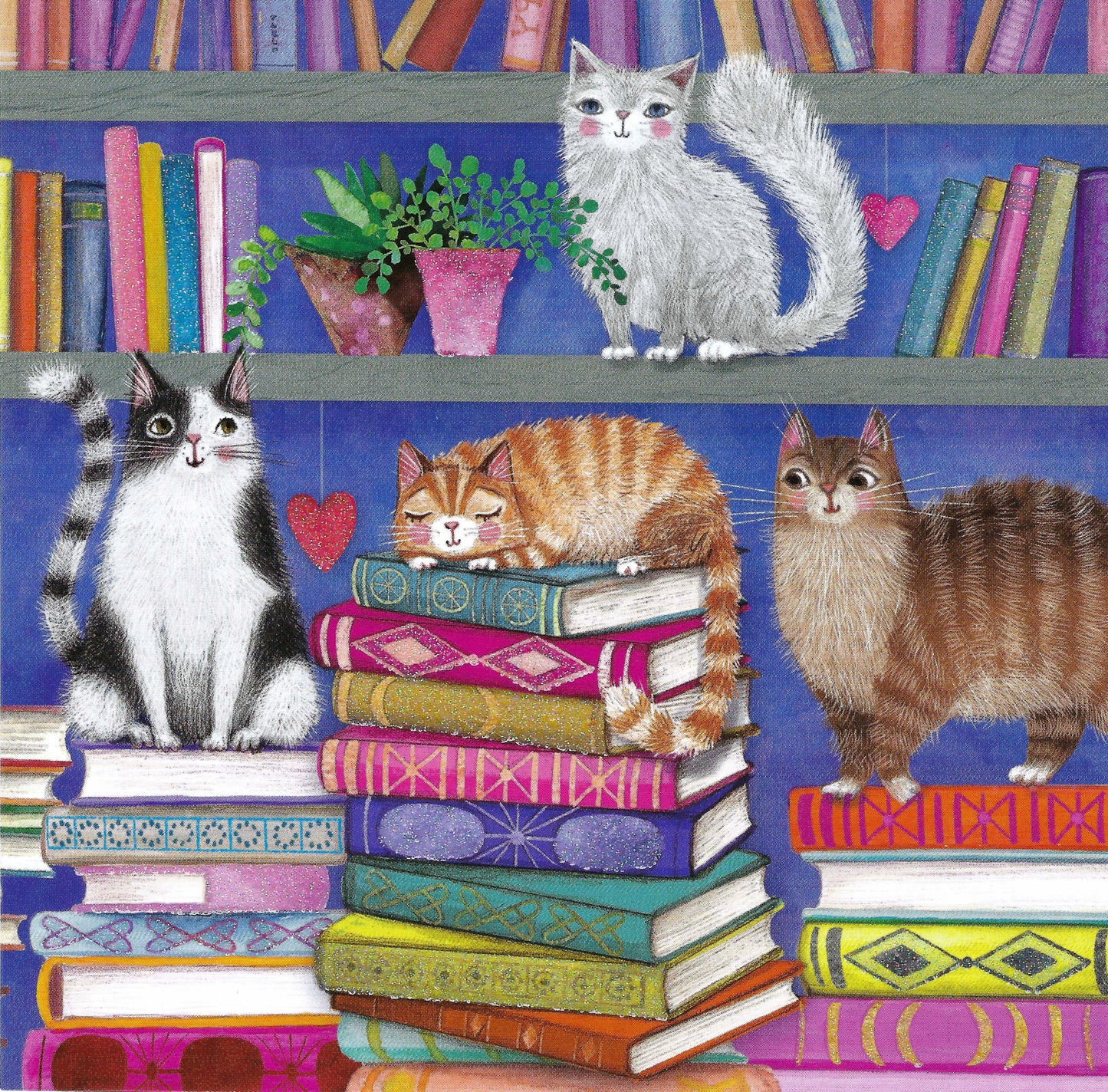 Cats and Books Postcard by Mila Marquis - Edition Gollong featuring an illustration of various cats sitting on top of a bookshelf with books