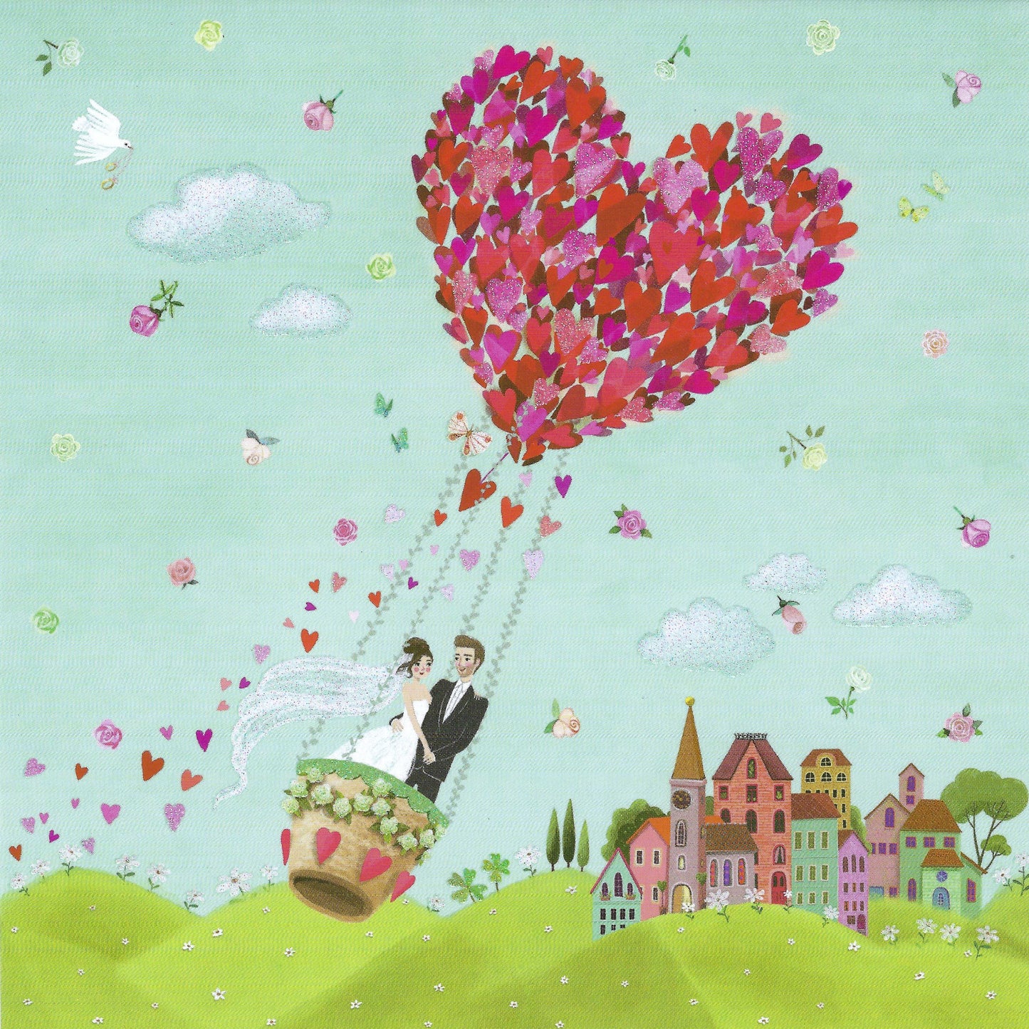 Edition Gollong - Mila Marquis - Couple - Love - Bride - Groom - Hot Air Balloon - Hearts - Postcard