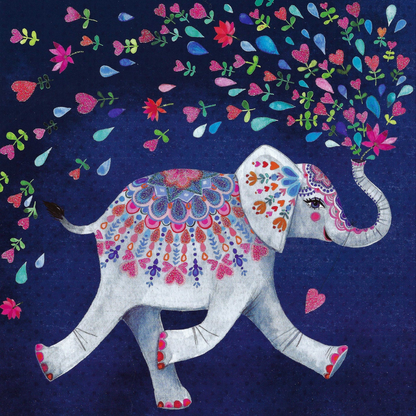 Elephant Postcard by Mila Marquis -Edition Gollong featuring an elephant with colorful floral and heart patterns on a dark background.