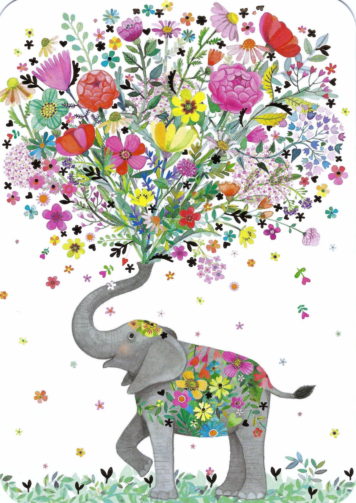Mila Marquis Elephant postcard featuring an illustration of an elephant with a bouquet of flowers, with beautiful foil details on the flowers and elephant. Edition Gollong postard.