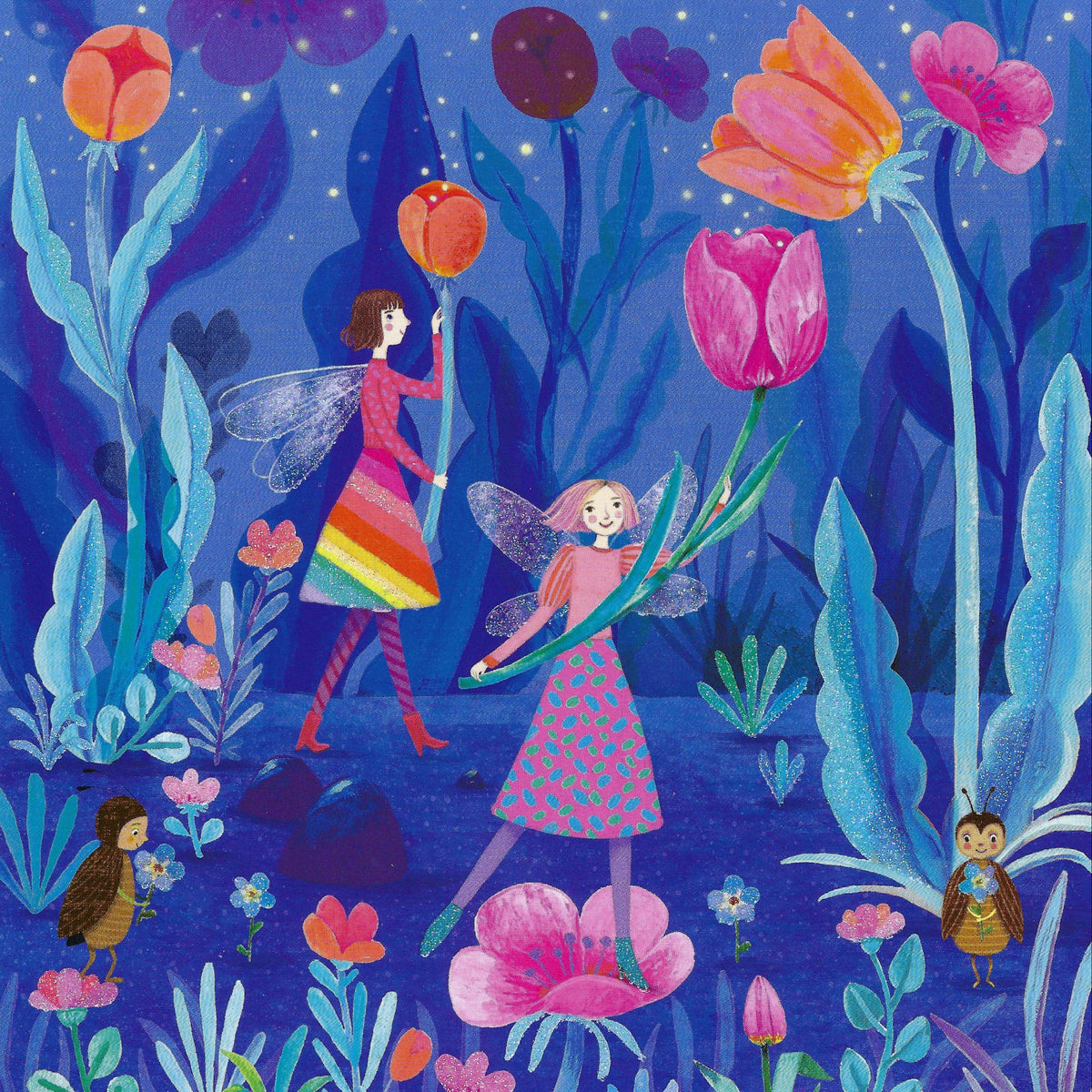 Flower Fairy Postcard by Mila Marquis - Edition Gollong featuring a whimsical scene with fairies, bees, and flowers.