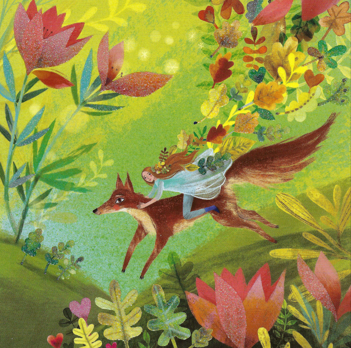 Fox & Flowers Postcard by Mila Marquis featuring a girl riding a fox through a floral landscape with details of flowers and vibrant colors.