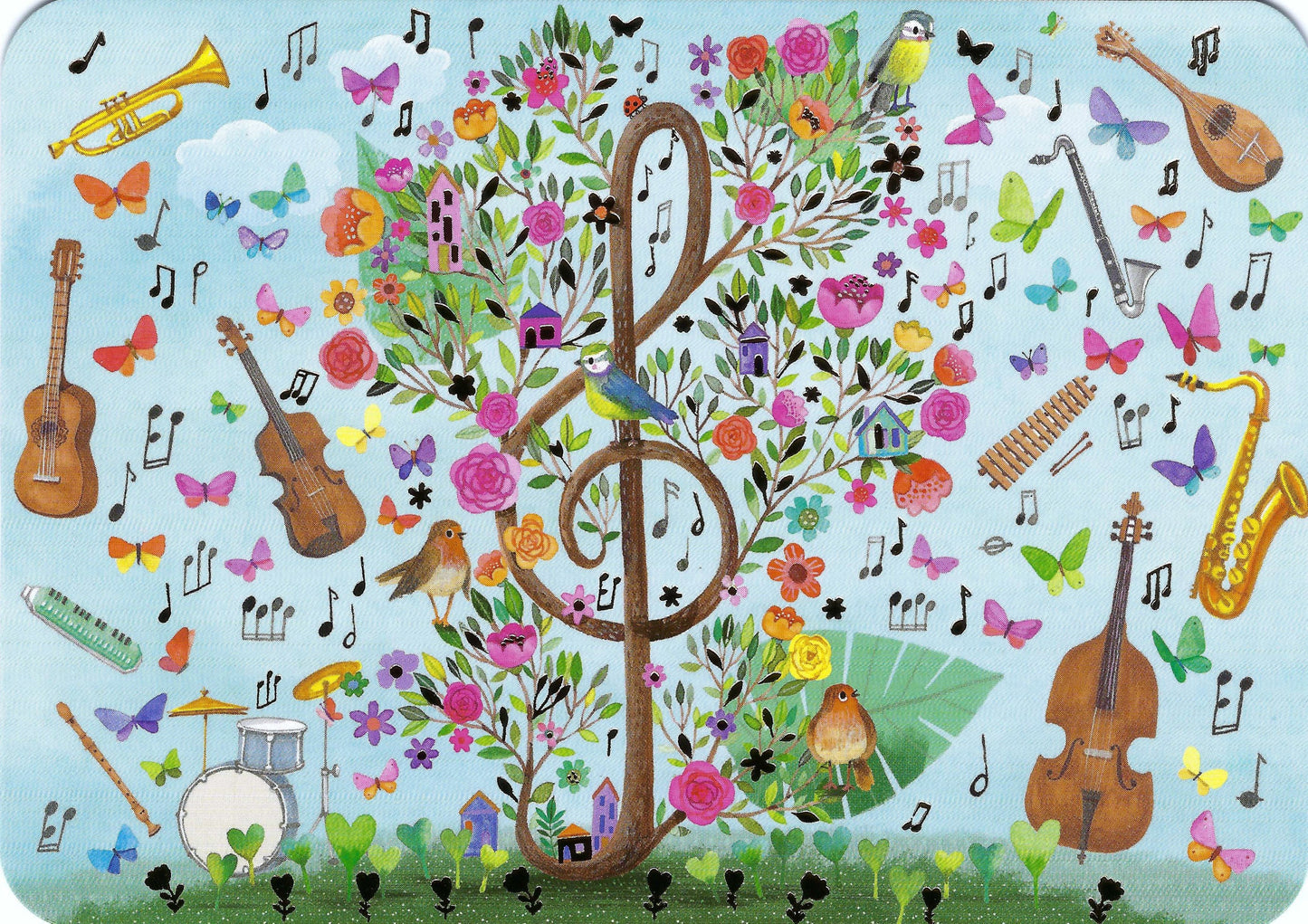 Mila Marquis - Music - Musical Instruments - Notes - Clef - Tree - Flowers - Birds - Postcard with foil details