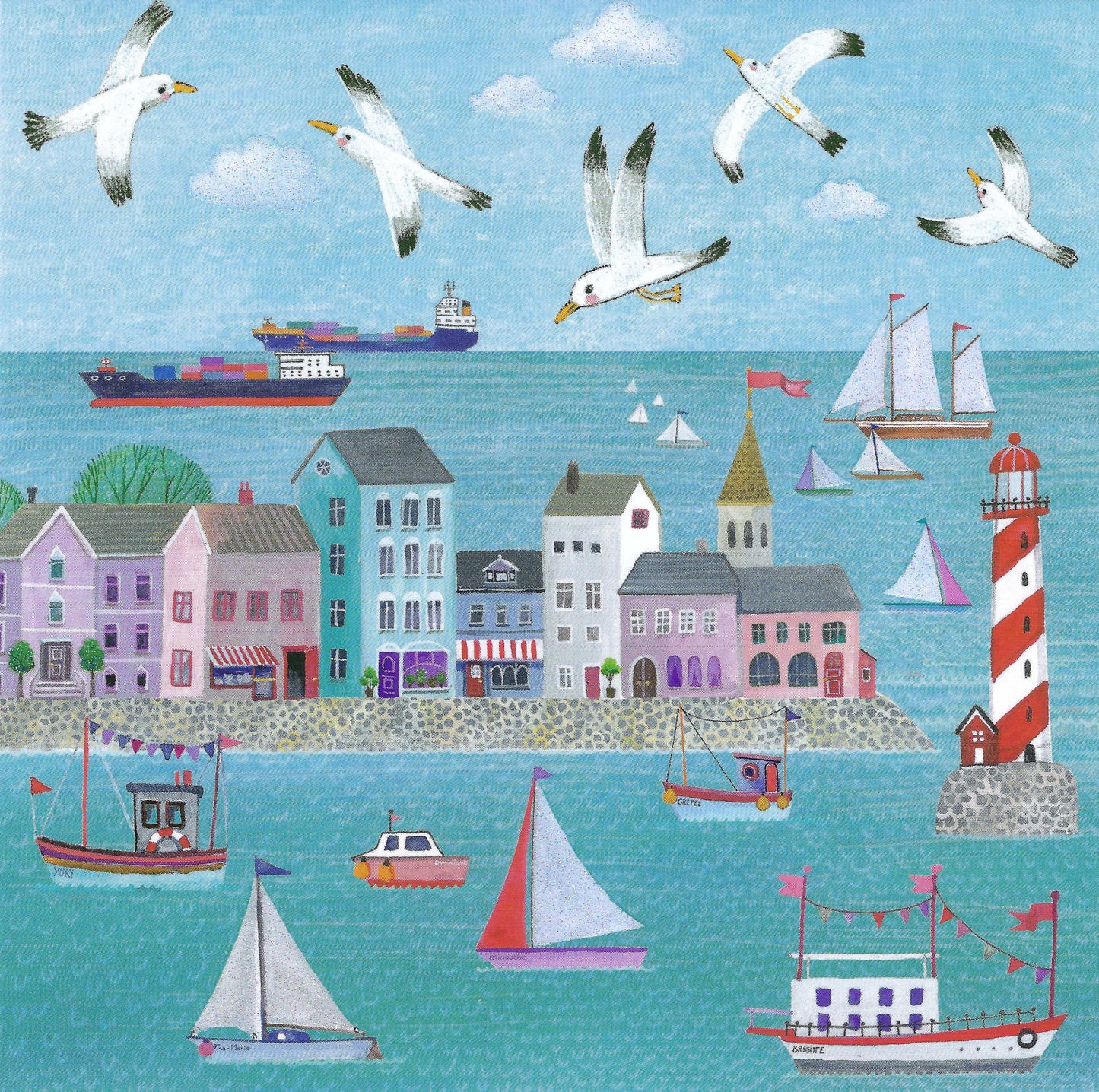 Edition Gollong - Mila Marquis - Sailboats - Sailing - Seagulls - Lighthouse - Postcard with glitter details