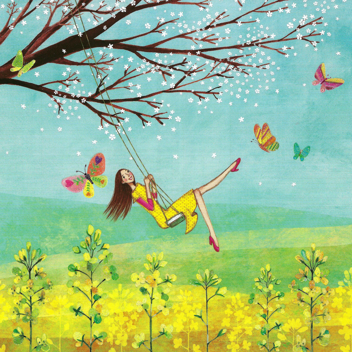 Woman on Swing with Butterflies Postcard by Mila Marquis - Edition Gollong featiromg a woman in a yellow dress swinging on a swing under a tree with butterflies and flowers.