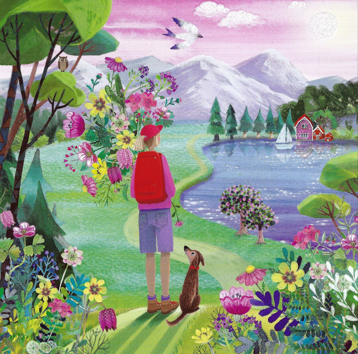 Woman Hiking with Dog Postcard by Mila Marquis - Edition Gollong