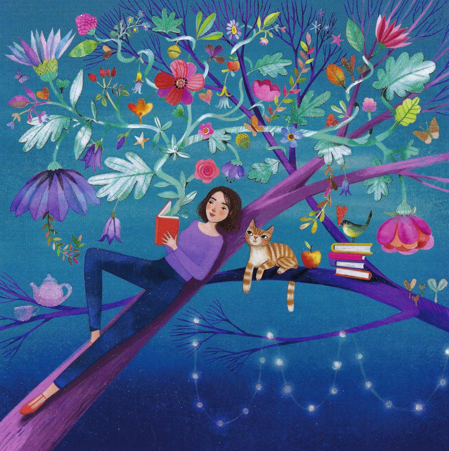 Edition Gollong - Mila Marquis - Woman Reading - Cat - Book - Tea - Flowers - Postcard