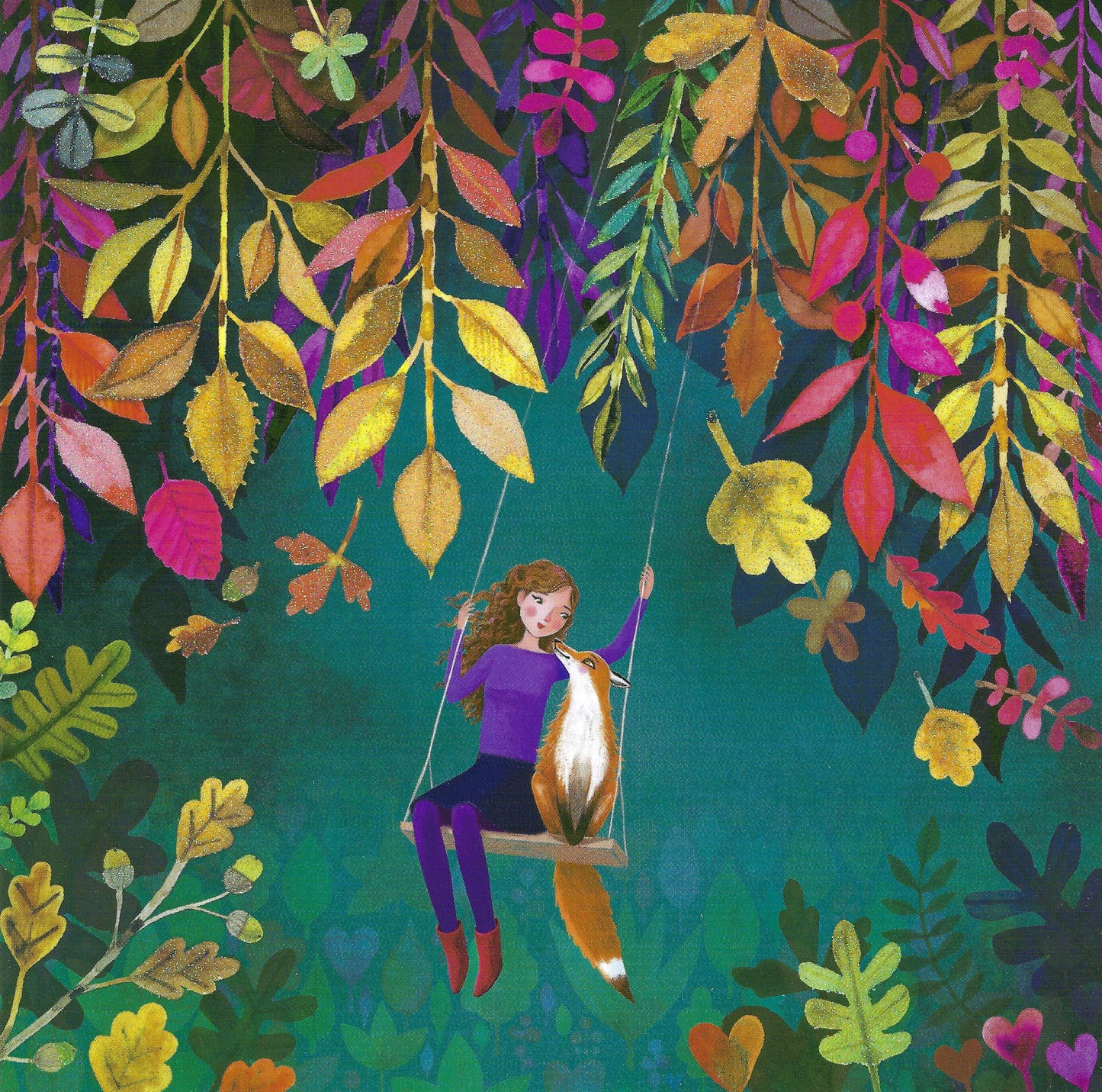 Mila Marquis Fox Postcard - Woman on Swing with Fox - glitter details