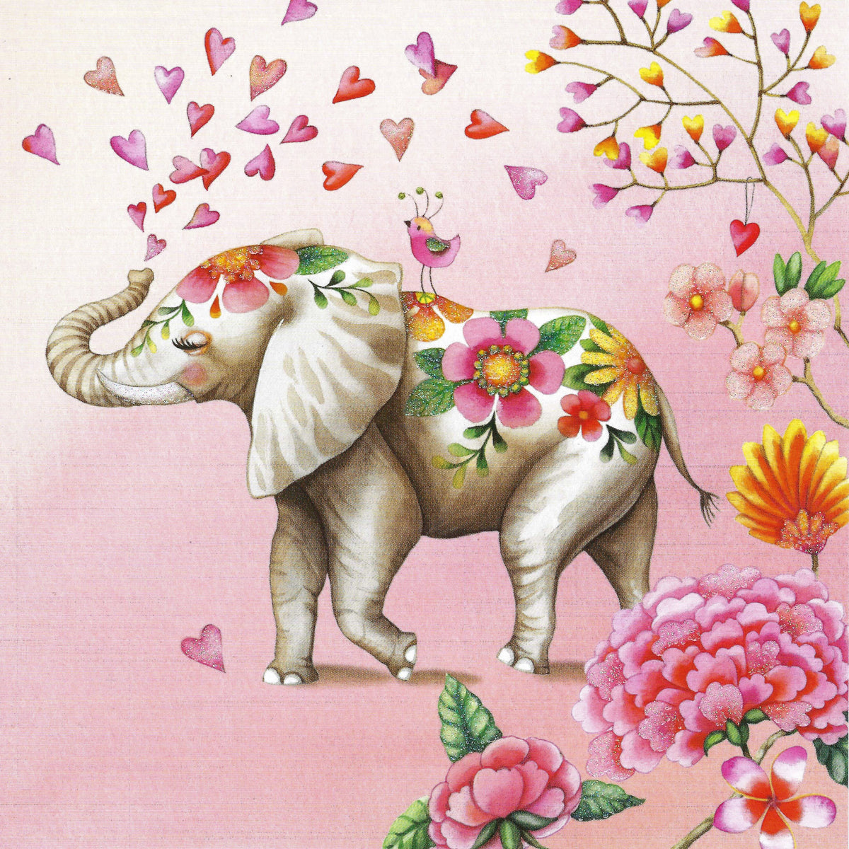 Elephant with Hearts and Flowers Postcard by Nina Chen - Edition Gollong featuring an elephant adorned with pink and yellow flowers, surrounded by hearts and more flowers in the background.