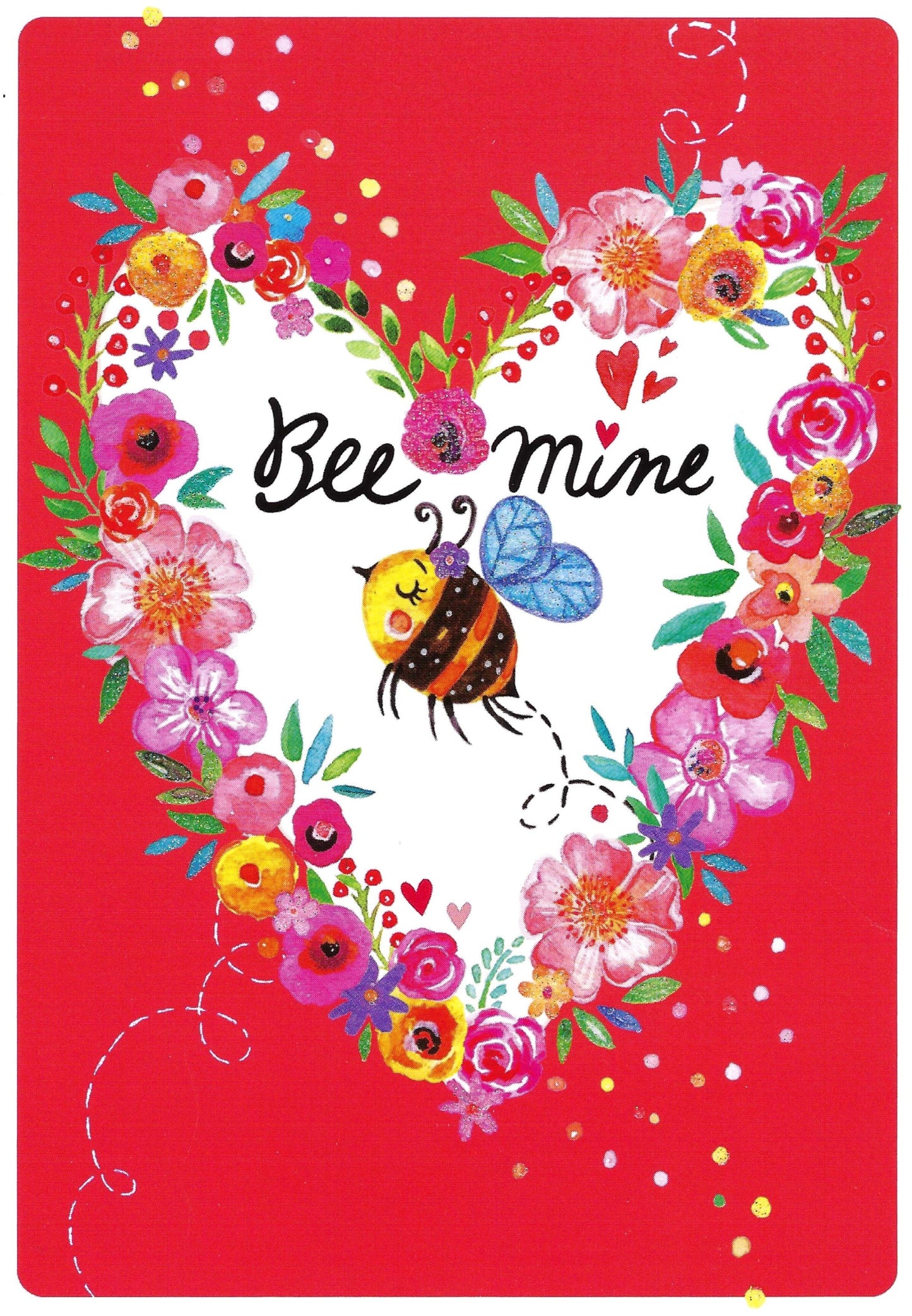 Edition Gollong Bee Mine Valentine's Postcard by Rita Berman featuring a cute bee within a heart shape framed by flowers.